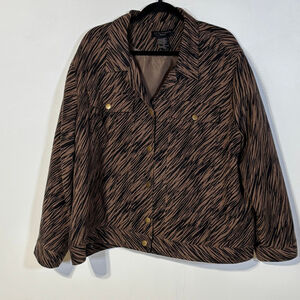 Anne Carson Jacket Brown Black Zebra Print Women’s Size 3X Zipper Front Silk